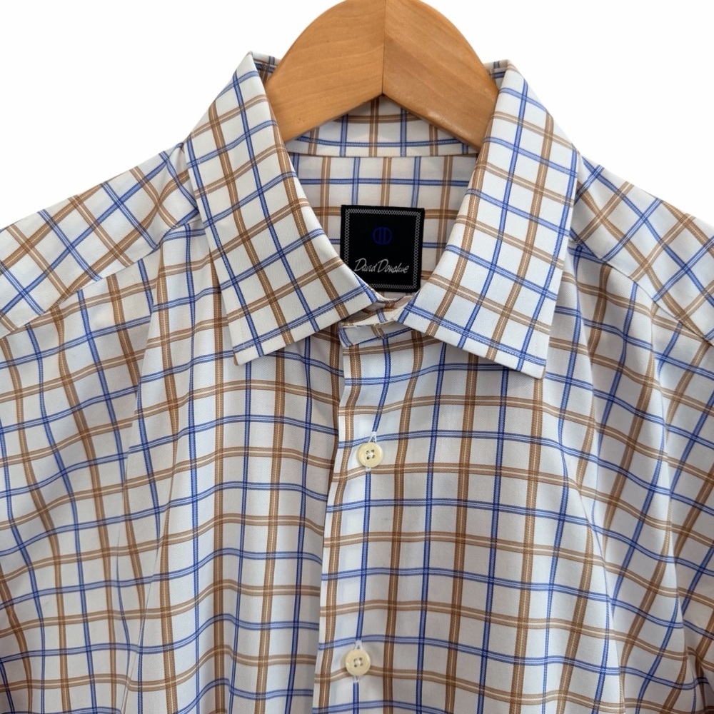 David Donahue Cotton Plaid Dress Shirt 16.5 34/35 Blue Tan Button Down